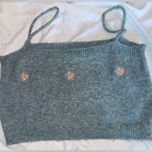 Listicle Blue Knit Camisole with Floral Accents